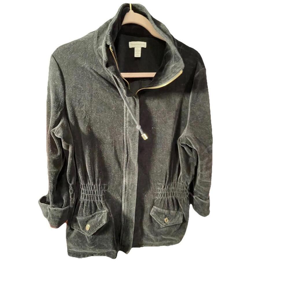 Charter Club Black Velour Zip Up Hooded Jacket Size L Drawstring Waist Pockets